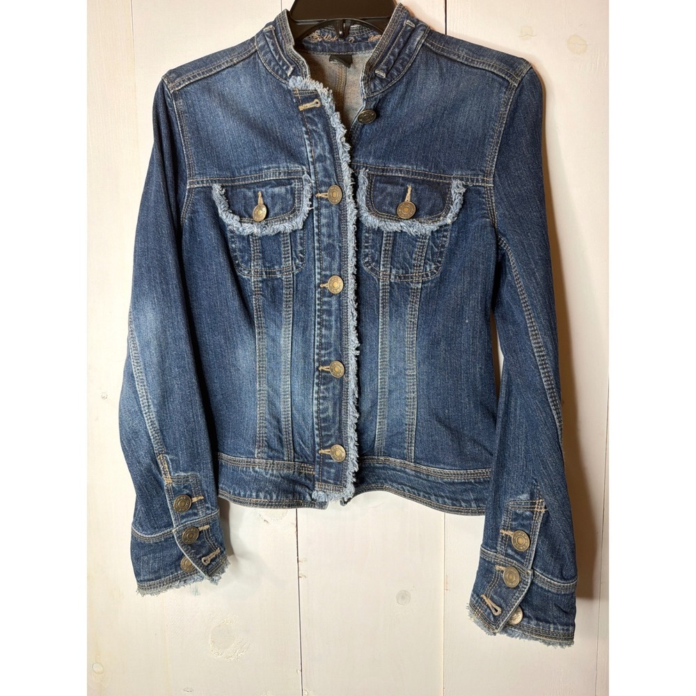 Kikit Jeans Women Blue Denim Jacket Raw Fringe Trim Medium Wash SIZE Small